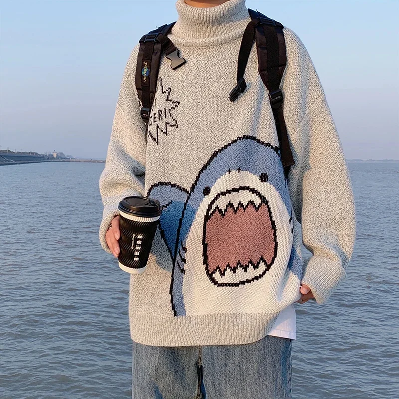 2024 Inverno Uomo Dolcevita Squalo Maglione Patchwor Harajuku Stile Coreano Collo Alto Oversize Grigio Dolcevita Pullover