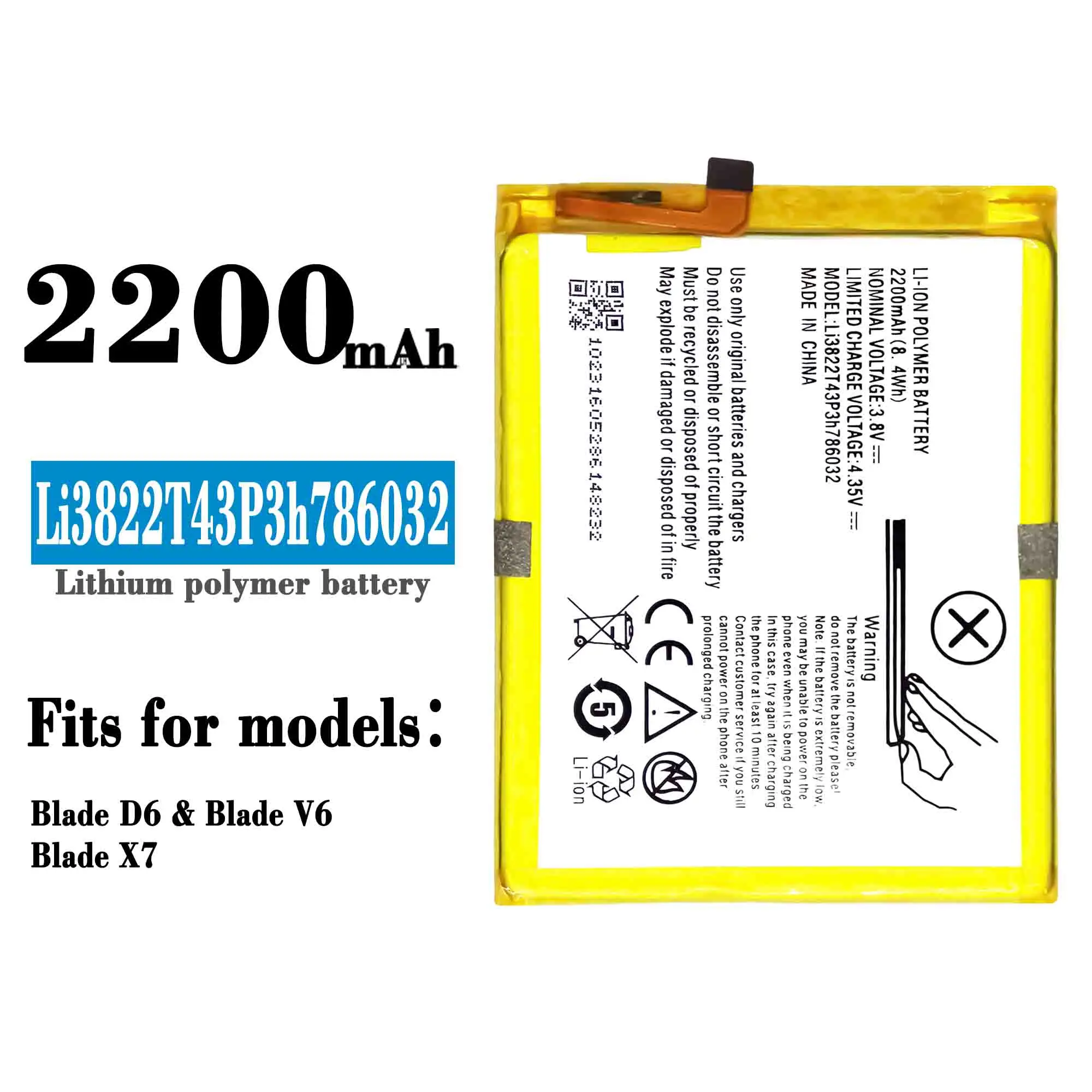 3.8V 2200Mah Muslimorbic Orbic-Rc-501L / Zte Blade V6 Zte Blade D6 / Zte Blade X7 Batteria