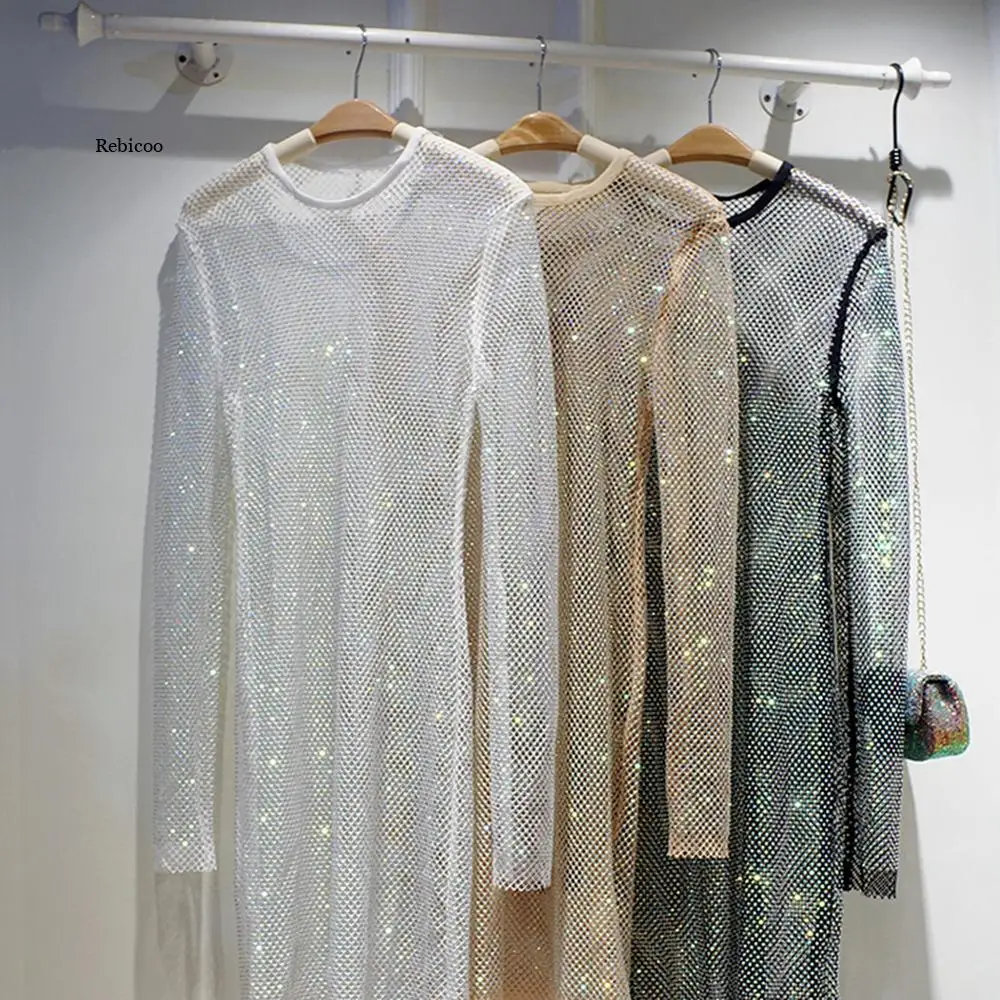 Primavera Ed Estate Nuovo Lucido Pieno Diamante Slim Mid-Length Dress See-Through Hollow Abito Da Sera T-Shirt Wild Bag Hip Gonna Da Donna