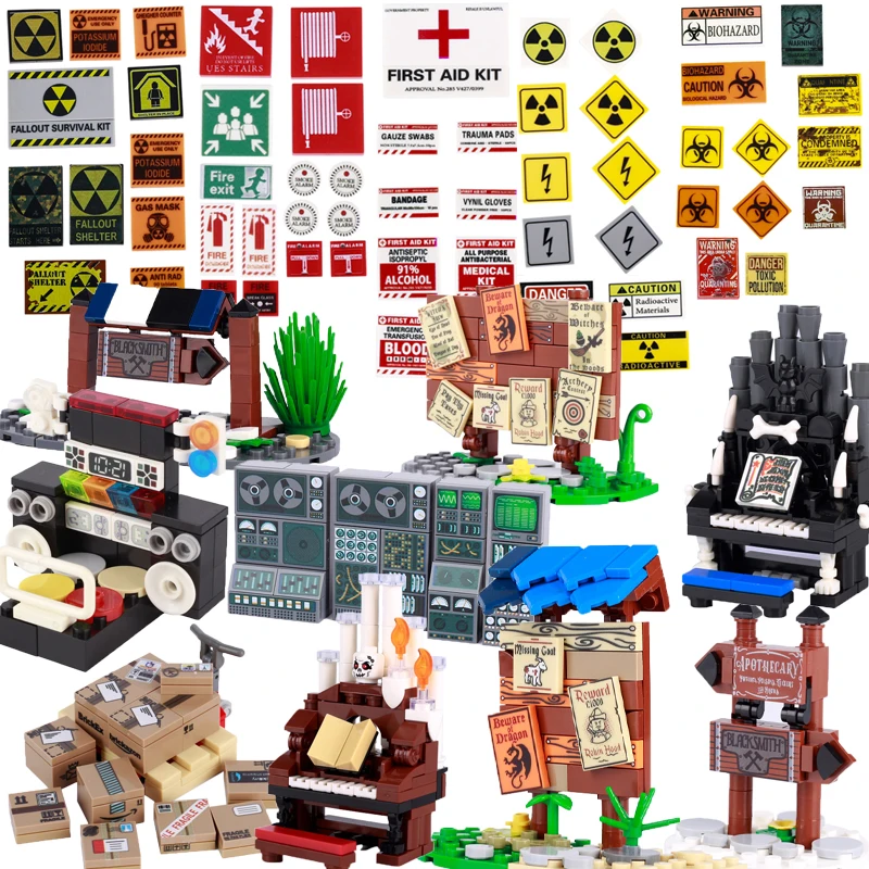 Computer Piano Park Road Sign Building Blocks Piastrelle Stampate Carrello Elevatore Express Box Corriere Figure Postbox Mattoni Giocattoli