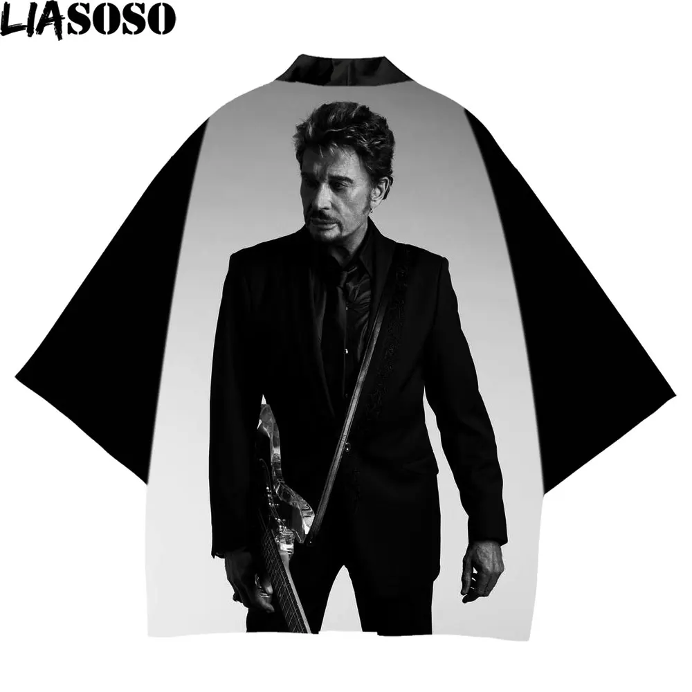 Liasoso Black Kimono Homme Singer Johnny Hallyday Stile Punk Haori Moda Giapponese Yutaka Kimono Lungo Tradizionale Cosplay Top