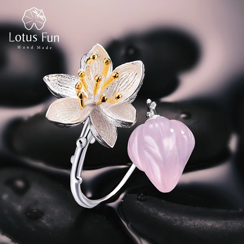 Lotus Fun Real 925 Sterling Silver Natural Rose Quartz Handmade Fine Jewelry Flower Ring Lotus Whiss Rings For Women Bijoux