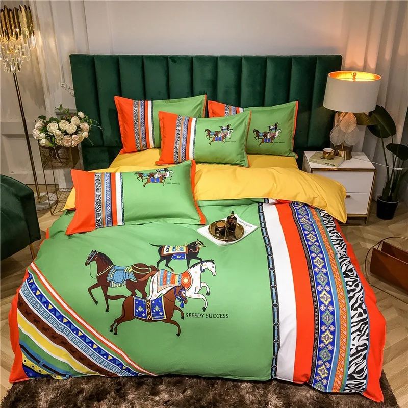 New 60 Count Cotton Horse Print Biancheria Da Letto Pelle Traspirante Lusso Fornito Set Di Biancheria Da Letto Set Di Trapunte Da Letto Full Size