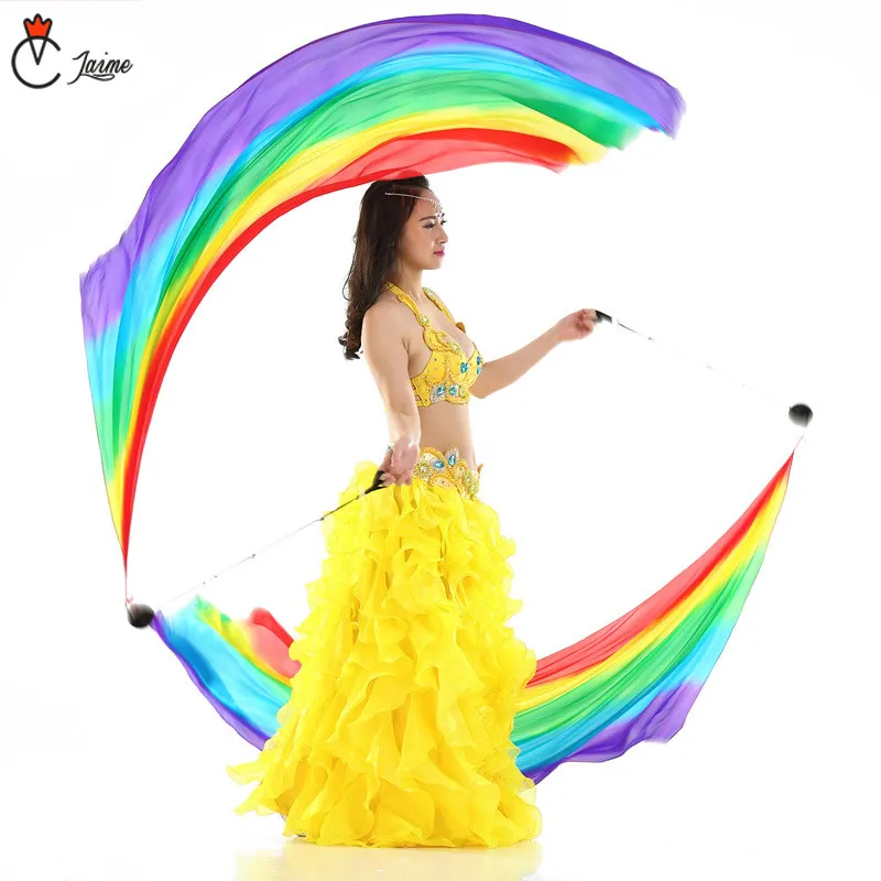 Belly Dance Silk Veil Poi 100% Silk Rainbow Color Veil+ Pois Chain Ball Women Streamer Stage Props Color Gradient