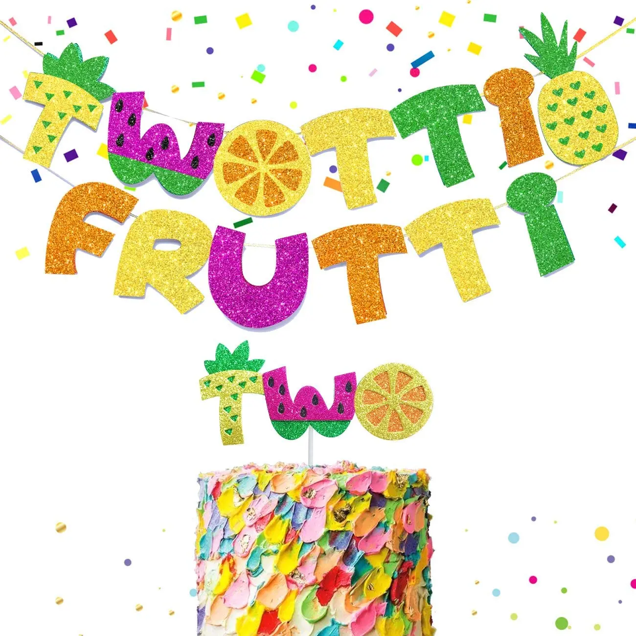 Twotti Frutti Birthday Banner Cake Topper Kit Twotti Fruity 2Nd Birthday Decorations Summer Fruit Second Birthday Party Supplies