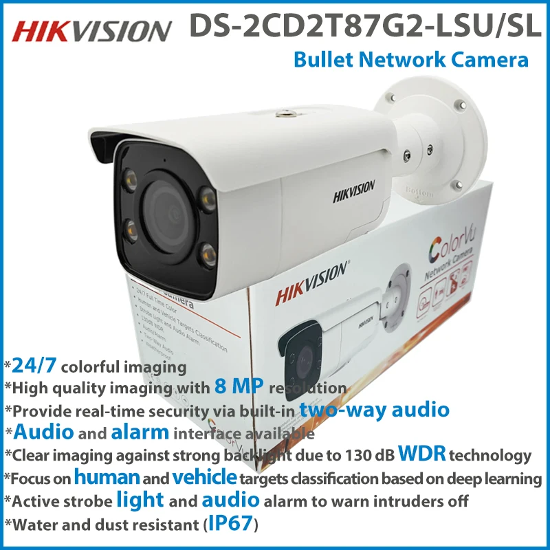 Telecamera Ip Hikvision 8Mp 4K Colorvu Luce Stroboscopica Avviso Acustico Telecamera Di Rete Bullet Con Microfono Integrato Fisso Ds-2Cd2T87G2-Lsu/Sl