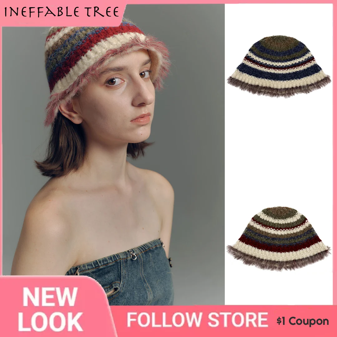 Sweet Girls Crochet Stripe Pattern Bucket Hats For Women Fisherman Cap Color Matching Teens Trendy Caps Sombreros De Mujer