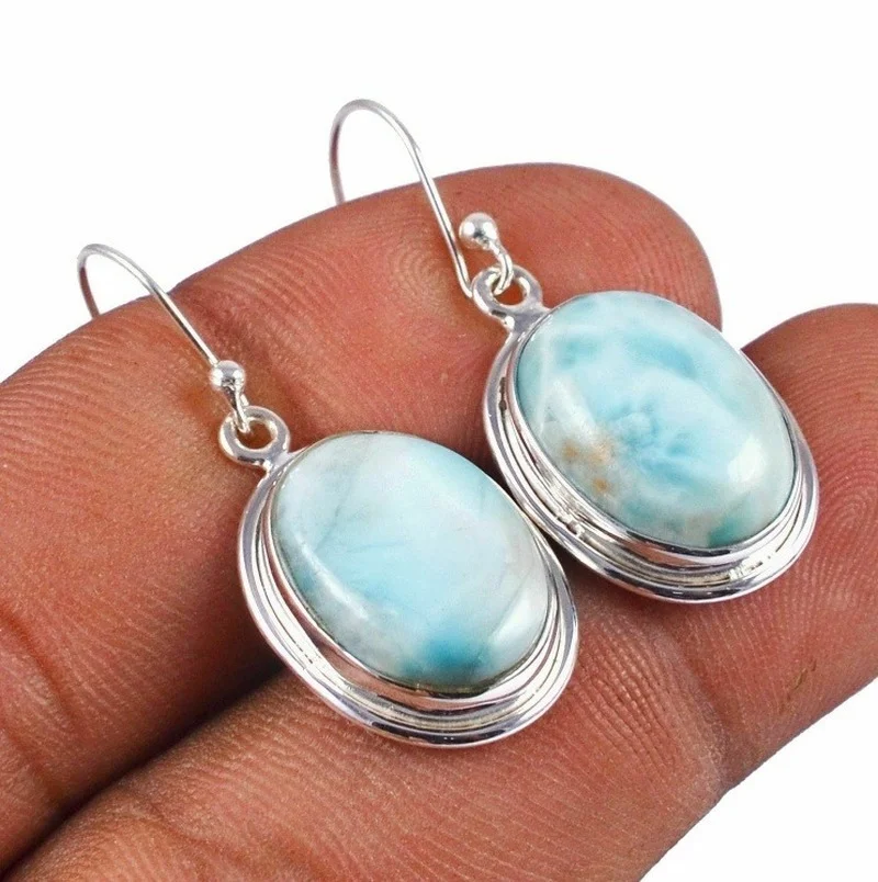 Larimar Women Natural Gemstone Hoop Earring Party Bride Wedding Fidanzamento Gioielleria Raffinata