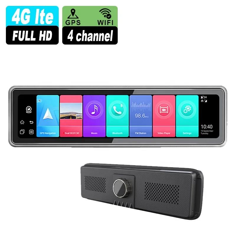 Vendita Calda 12 Pollici Touch Screen 360 Gradi Dashcam 4G Lte Dash Cam Con Wifi Gps Car Dvr Android 8.1 Dash Cam 4 Canali Dash Cam