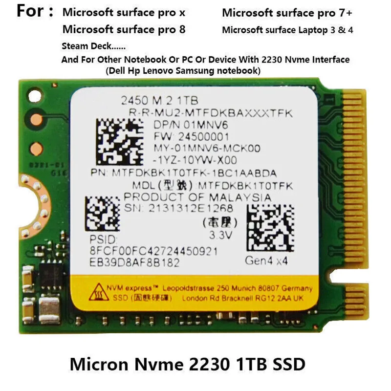 Originale 2450 2230 1Tb 512Gb 256Gb 2230 Nvme Pcie Gen4 X 4 Ssd Fino A 3320 Mb/S Per Micron Microsoft Surface Pro X Pro 8 E Pro 7