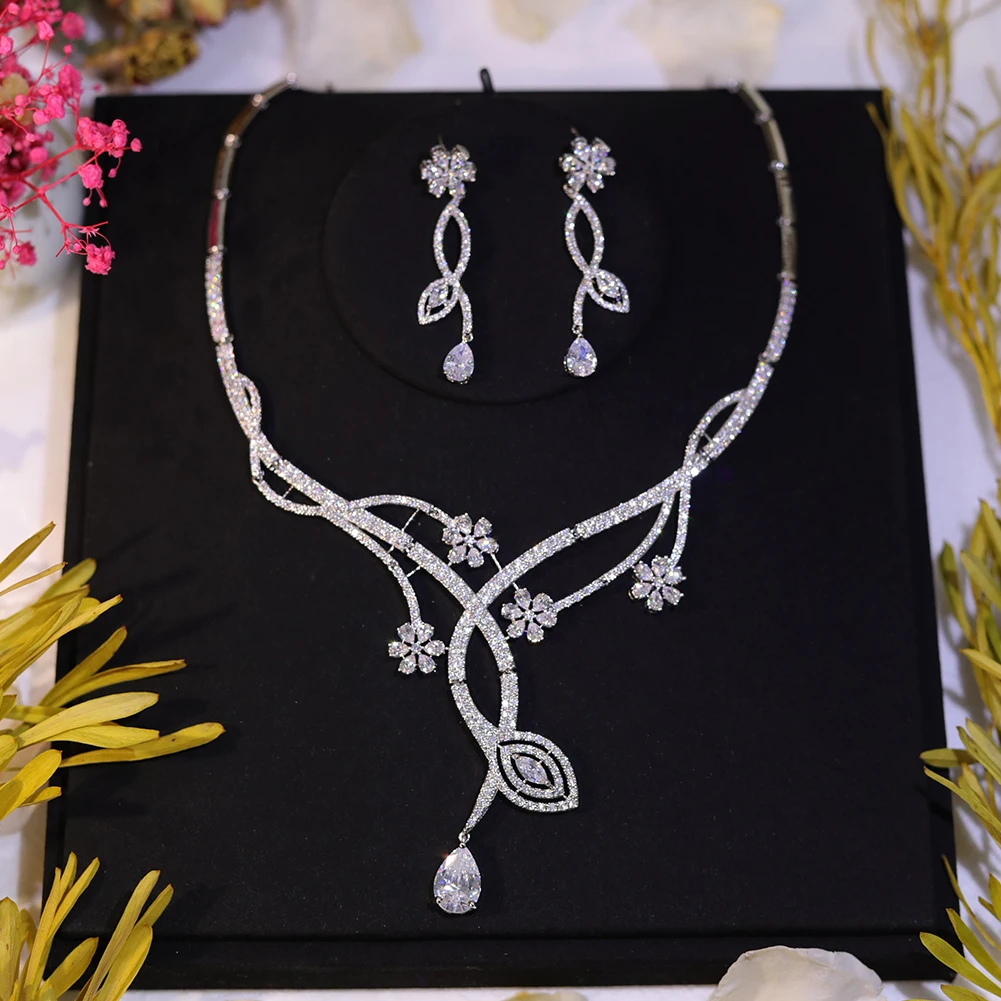 Luxury Leaf Shape Cz Flower Collana Orecchino Set Di Gioielli Da Sposa Per Le Donne Parure Bijoux Femme Mariage
