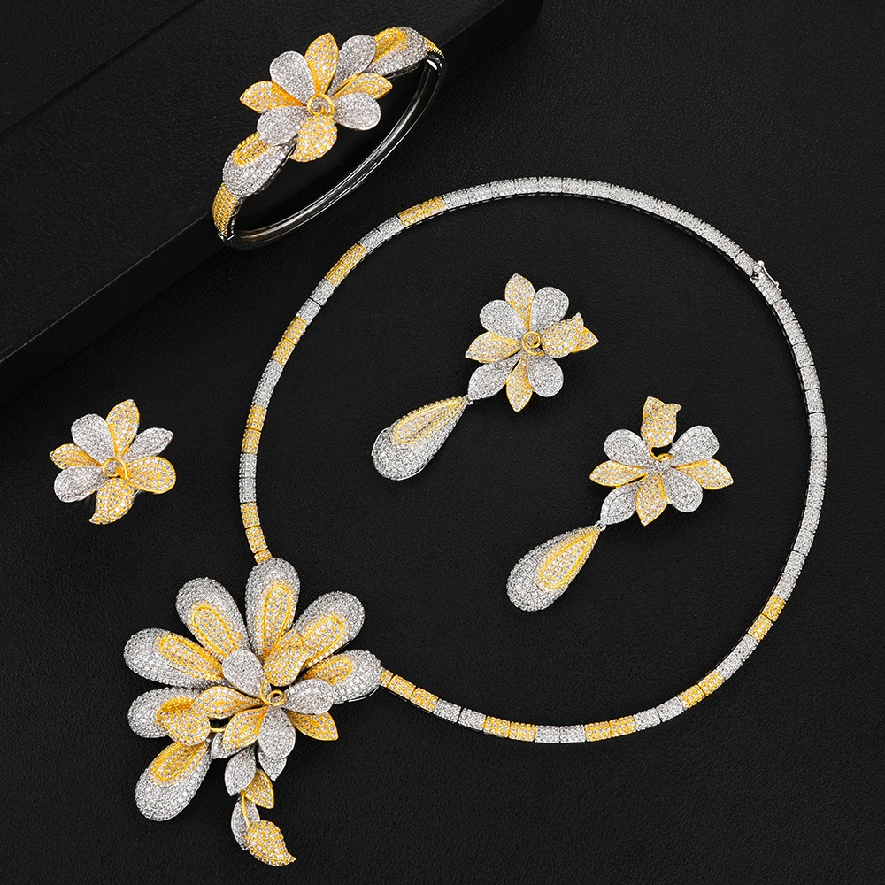 Wavybola Charm Bridal Flowers Collana Bracciale Orecchini Set Di Anelli Per Donna Daily Party Jewelry Parure Bijoux Femme
