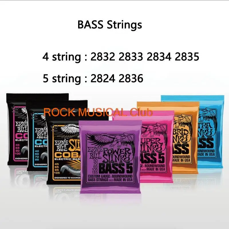 Ernie Ball Electric Bass Strings 2824 40-125 Super Slinky Round Ferita Per 5 Corde/2833 Hybrid Slinky 45-105 Per 4 Corde