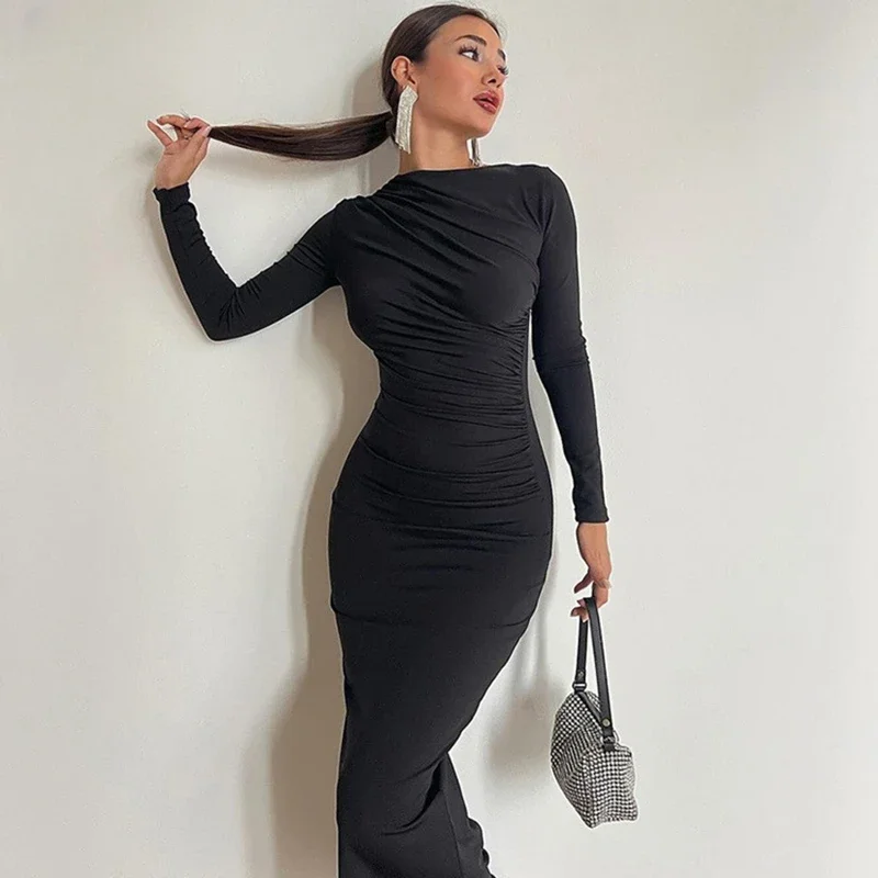 Autunno Elegante Increspato Lungo Vestito Aderente Abiti Di Moda Per Le Donne Club Party Slinky Abiti Sexy Abiti Di Compleanno Vestito Sexy