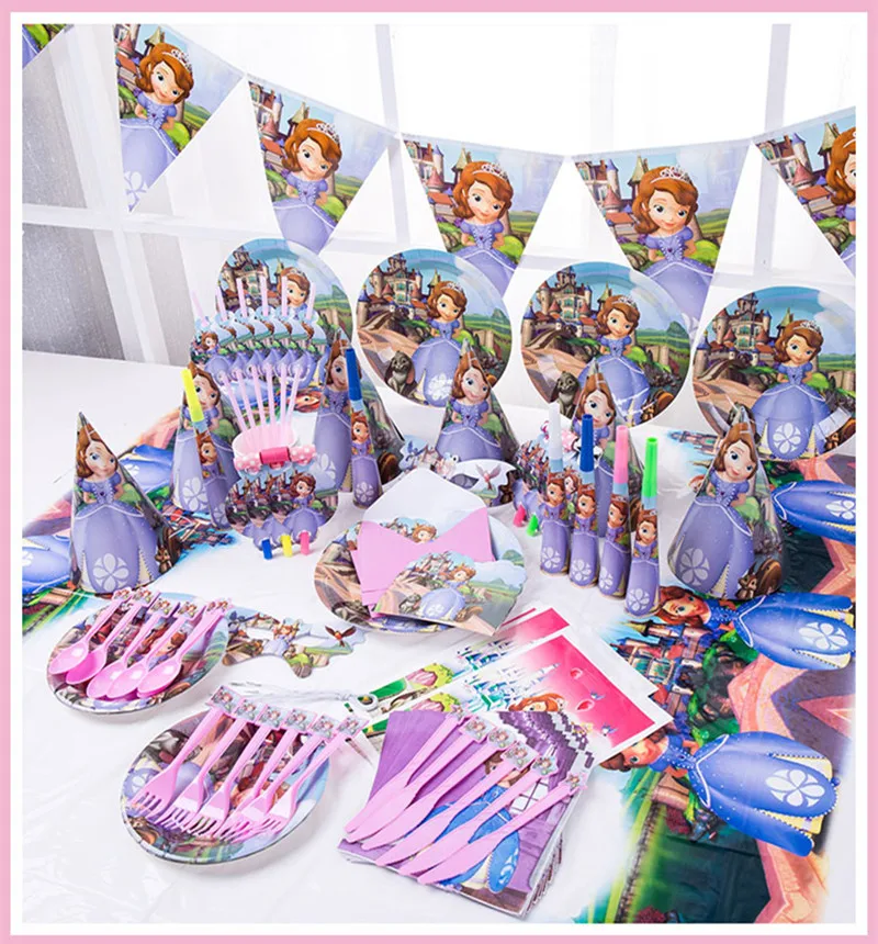 Disney Sofia Princess Birthday Party Decoration Bambini Bambini Bomboniere Piatti Forchetta Bandiera Forniture Set Di Stoviglie Usa E Getta