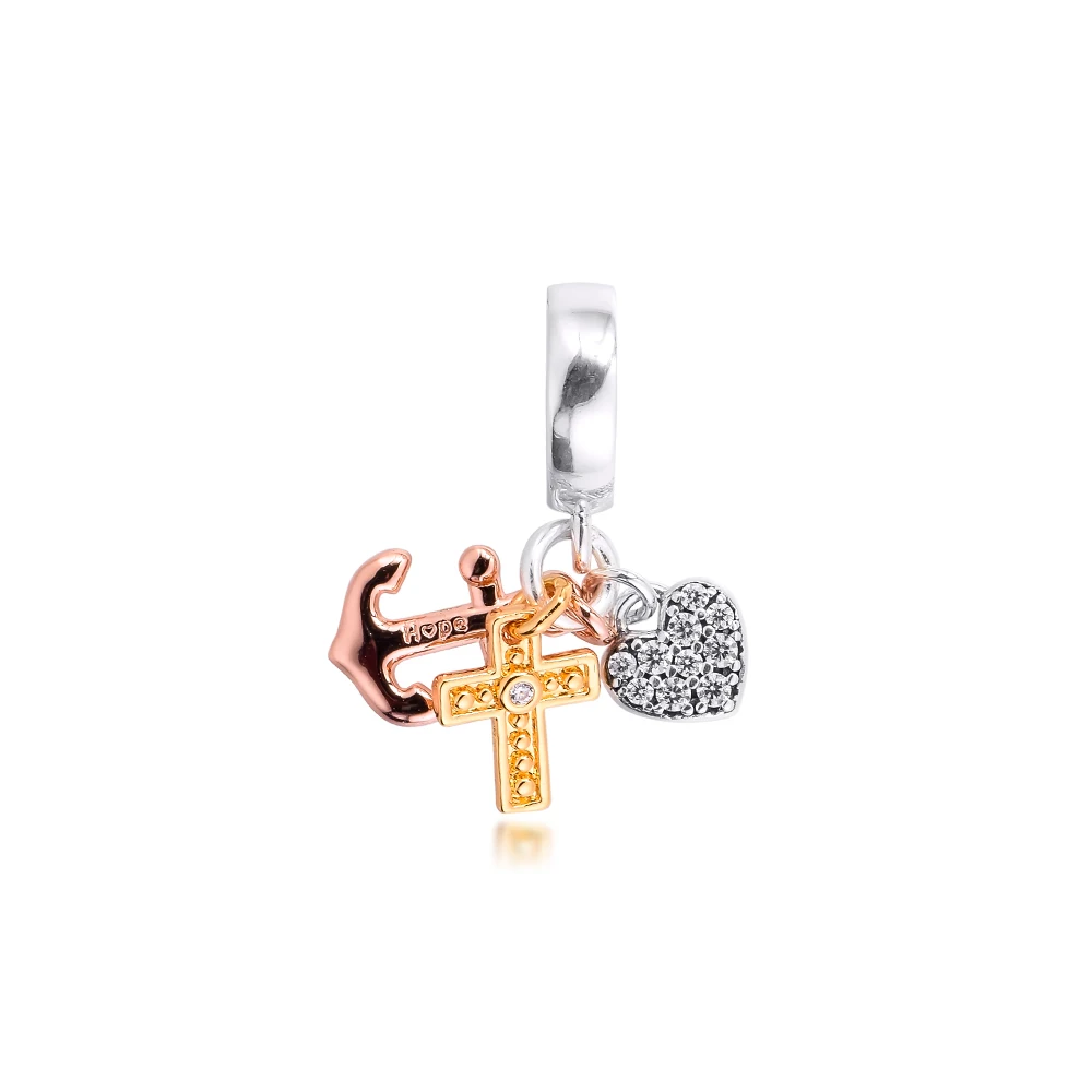 Triple-Tone Cross, Heart & Anchor Ciondola Charm 925 Originale Sterling Silver Charms Bead Fit Bracciali Gioielli Rosario