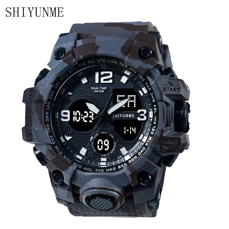 Shiyunme Camouflage Military Digital-Watch Orologio Da Uomo G Style Sports Shock Army Impermeabile Doppio Display Orologio Al Quarzo Multi-Fuso Orario