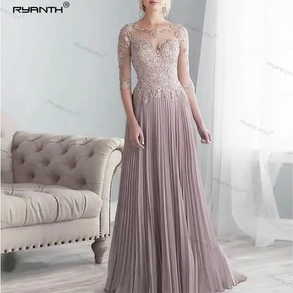 Appliques Abiti Per La Madre Della Sposa Chiffon Pieghettato Plus Size Mezze Maniche Sposo Matrimonio Lunghezza Pavimento Abito Mamma Sposa 2024