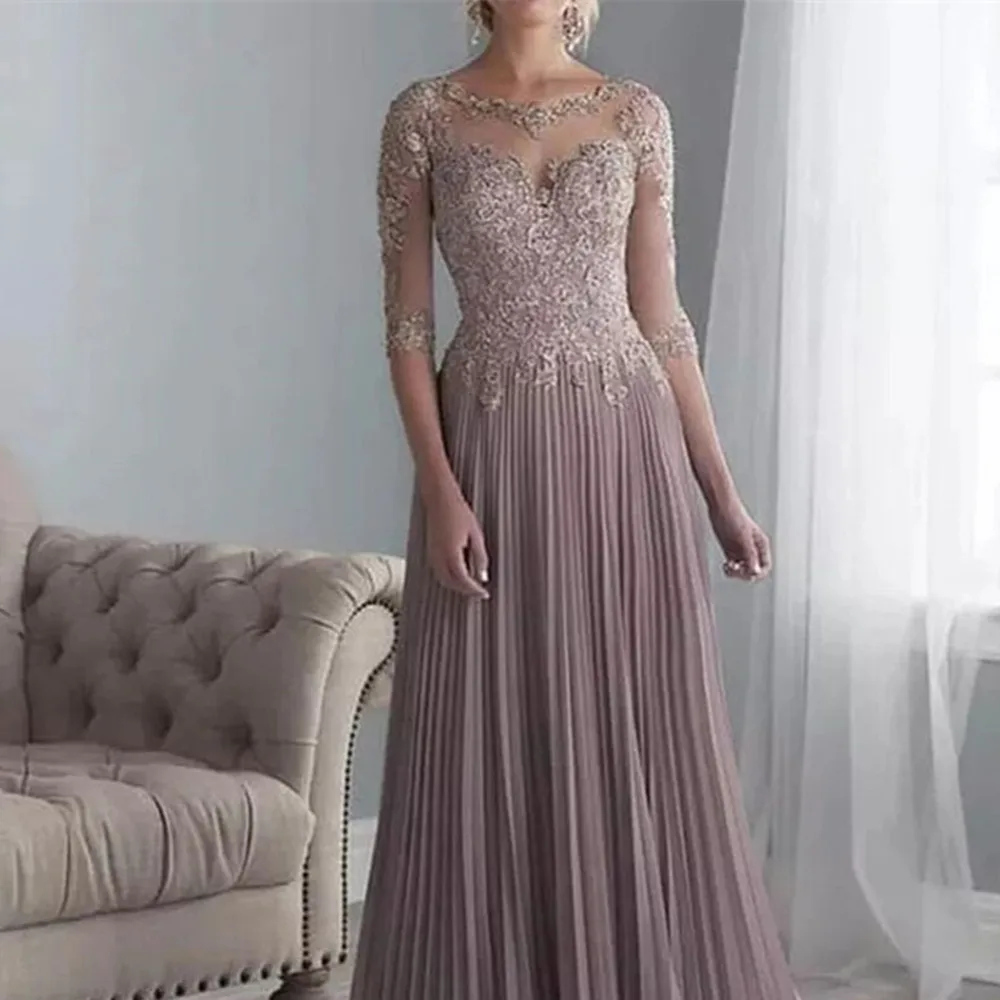Abiti Per La Madre Della Sposa Chiffon Pieghettato Plus Size Mezze Maniche Sposo Matrimonio Lunghezza Pavimento Abito Mamma Sposa