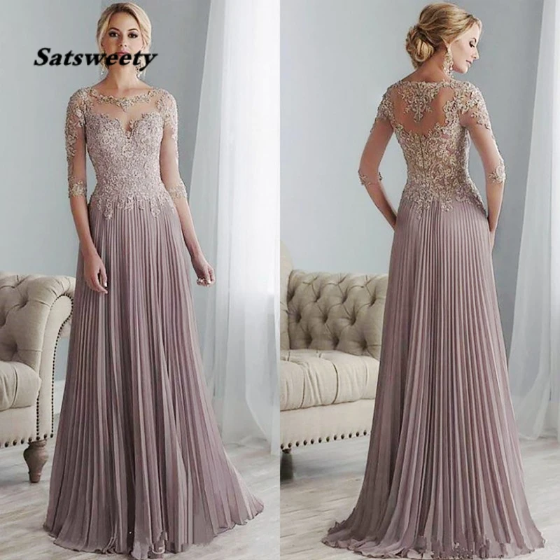 Abiti Da Madre Della Sposa In Pizzo Viola Plus Size Mezze Maniche Sposo Matrimonio Lunghezza Pavimento In Chiffon Pieghettato Abito Mamma Sposa