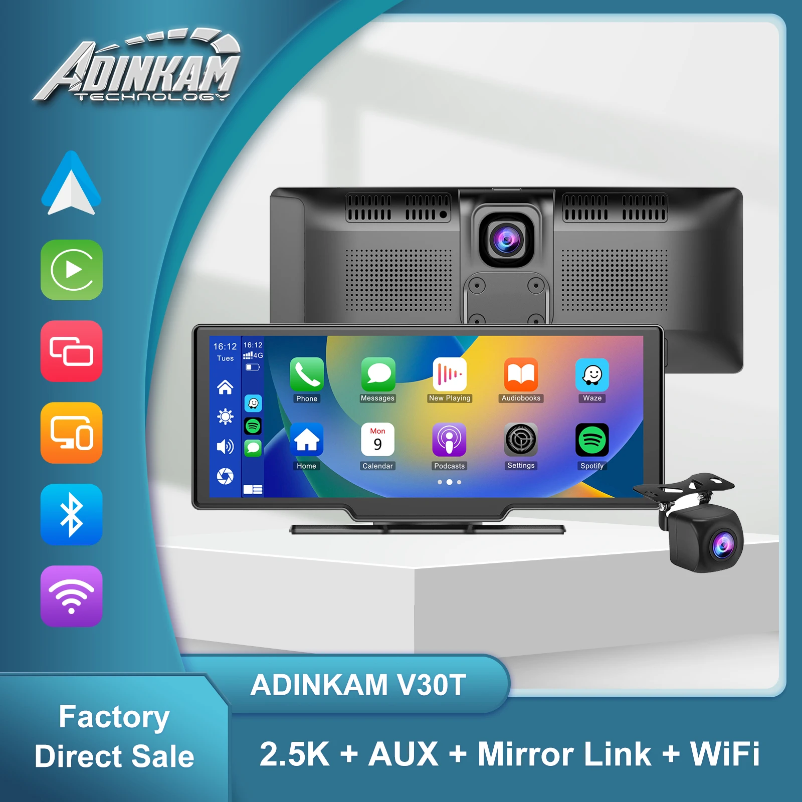 Universal 10.26 Pollici Trend Carplay Android Auto Dashboard Mirror Link Dual Camera Portatile Dash Cam 2 Canali Stereo Aux Wifi
