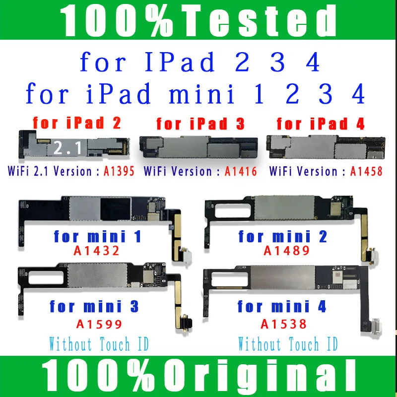 Original A1395 A1416 A1458 A1432 A1489 A1459 A1538 No Icloud Wifi Version For Ipad 2 3 4 Mini 1 2 3 4 Motherboard Logic Boards