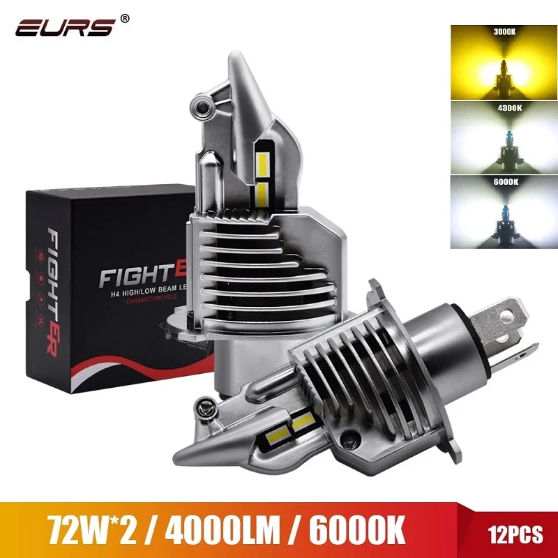Eurs Fighter Foco H4 Car Led Headlight Turbo Led Fendinebbia Bulb12V 24V H4 6000K 72W 8000Lm Lampada Automatica Faro Moto Lampada