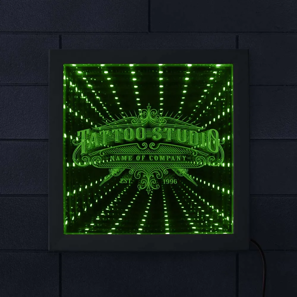 Personalizzato Tattoo Studio Logo Infinity Mirror Frame Custom Tattoo Shop Marchio Segno Logo Led Vortex Tunnel Specchio Interstellare