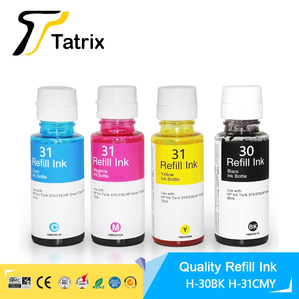Tatrix Refill Dye Ink Kit Per Hp 30 Hp 31 Ink Per Hp Ink Tank 315/318/319/415/419,Hp Smart Tank Wireless 450/455/457 Printer