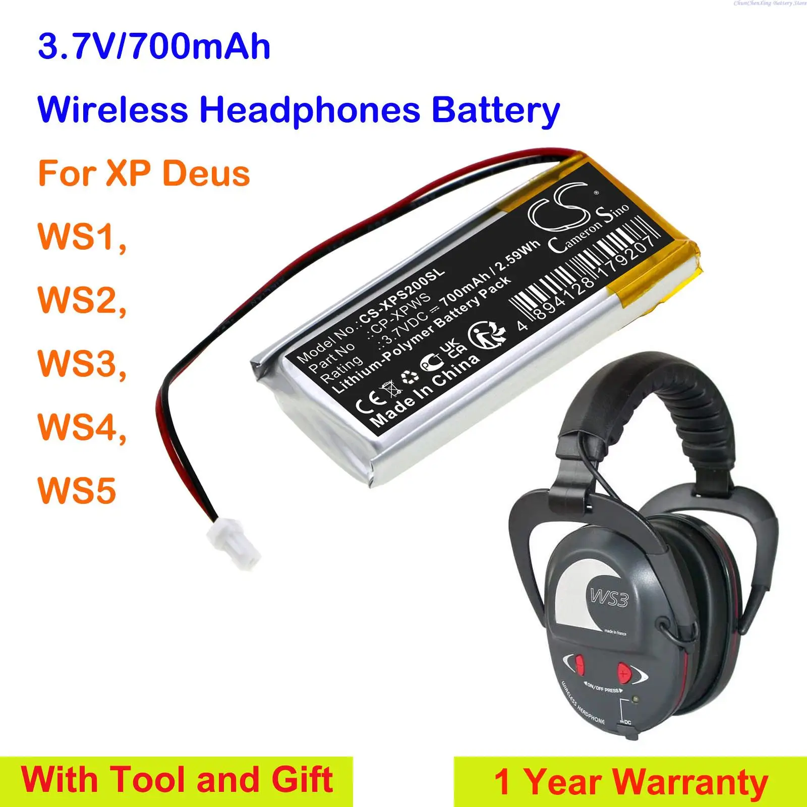 Cameron Sino 700Mah Cuffie Wireless Batteria Cp-Xpws Per Xp Deus Ws1, Ws2, Ws3, Ws4, Ws5