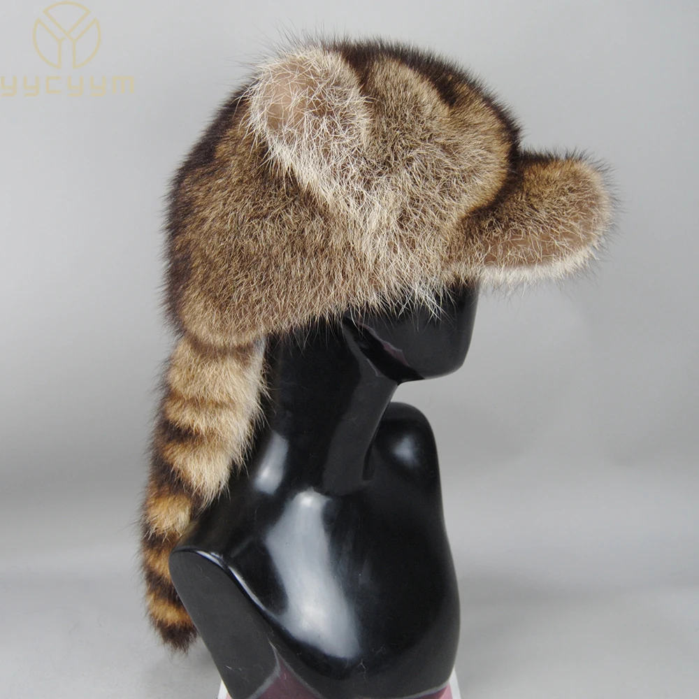 New Women Natural Raccoon Fur Caps Ushanka Hat For Winter Thick Warm Ear Fashion Baseball Pom Pom Hat Lady Real Raccoon Fur Cap