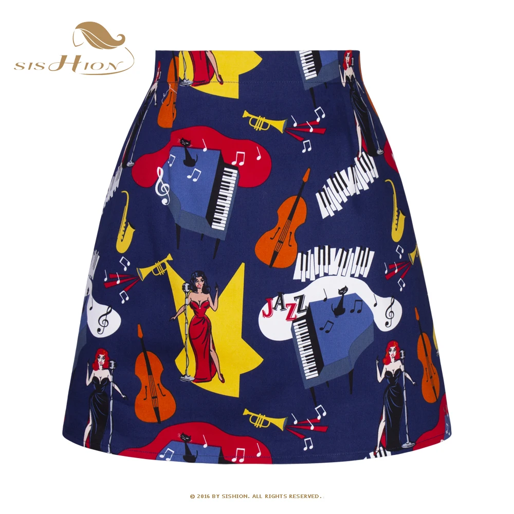 Sishion Short Mini Vintage Anni '50 Anni '60 Retro Rockabilly Cotton Skirt Ss0008 Blue Cats Jaz Concert Printed Women Summer Sexy Gonne
