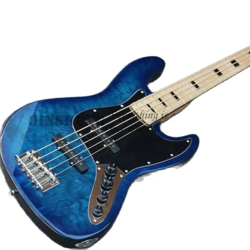 5 Corde Basso Jaz Blue Bass Mogano Body Squilted Maple Top Maple Fingerboard Ponte Fisso Black Pickguard