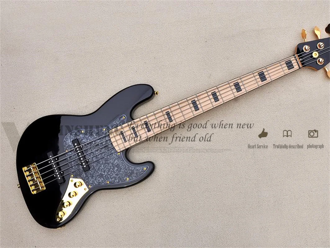 5 Corde Basso Jaz Black Bass Basswood Body Maple Fingerboard Gold Tuners Ponte Fisso Black Pearl Pickguard