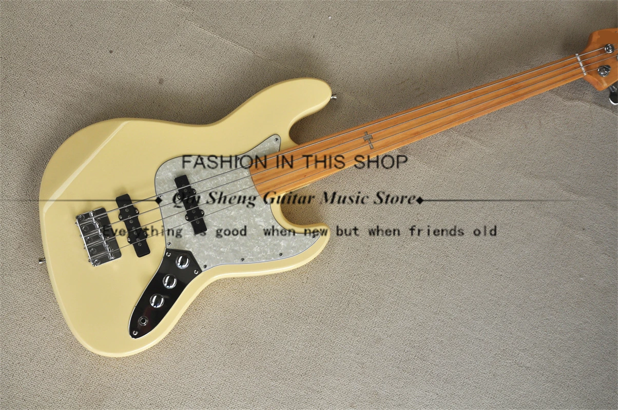 Basso A 4 Corde Jaz Milk Yellow Bass Basswood Body Maple Fingerboard Cross Intarsiato Ponte Fisso Battipenna Bianco