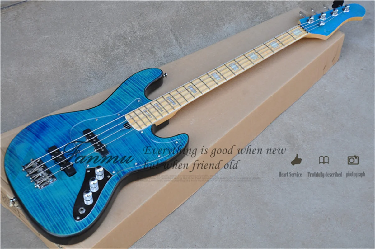 4 Corde Bass Jaz Blue Bass Basswood Body Fiammato Maple Top Maple Fingerboard Acrilico Pickguard