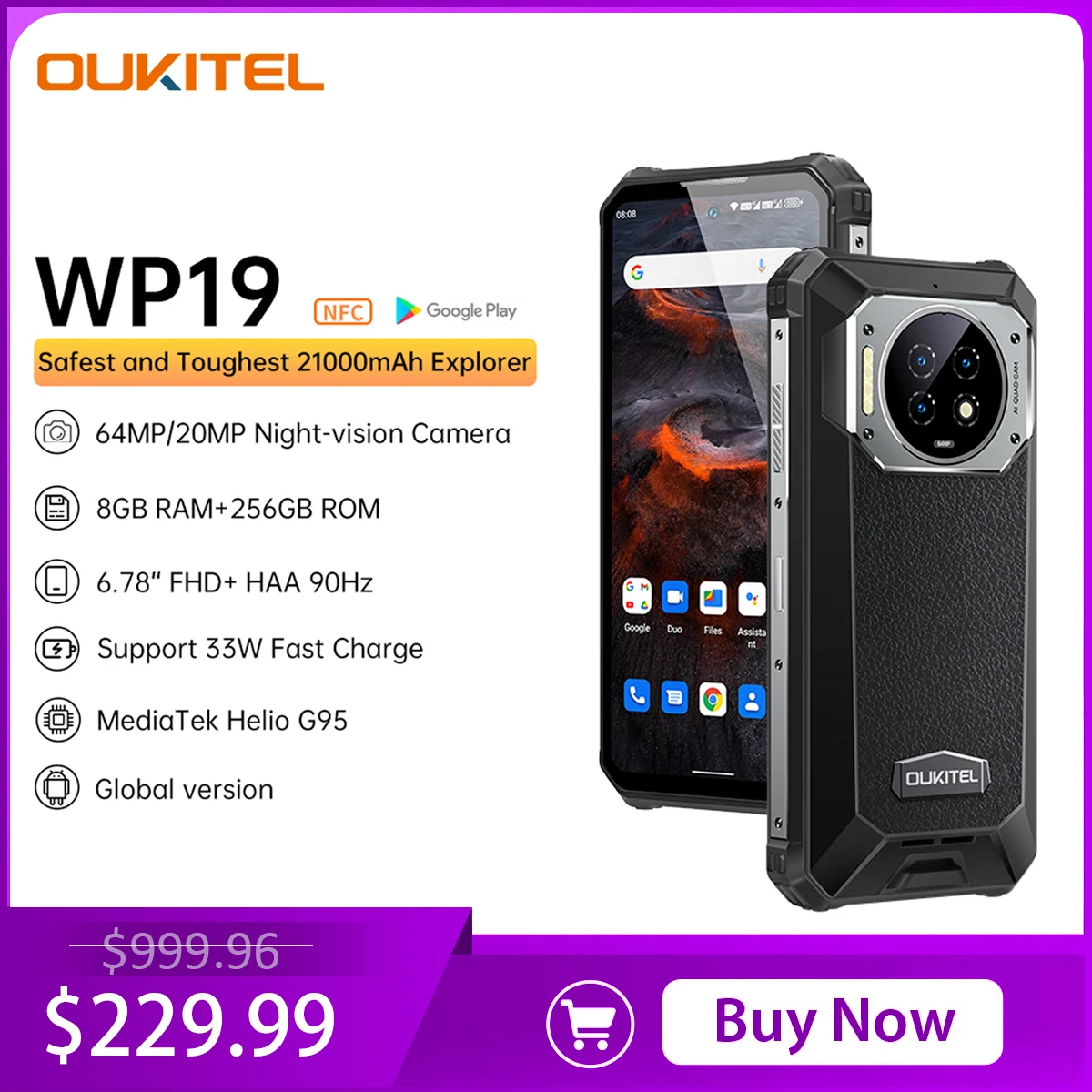 Oukitel Wp19 Rugged Night Vision 21000 Mah, 8 Gb, 256 Gb, 64M Fotocamera, 90 Hz Helio G95