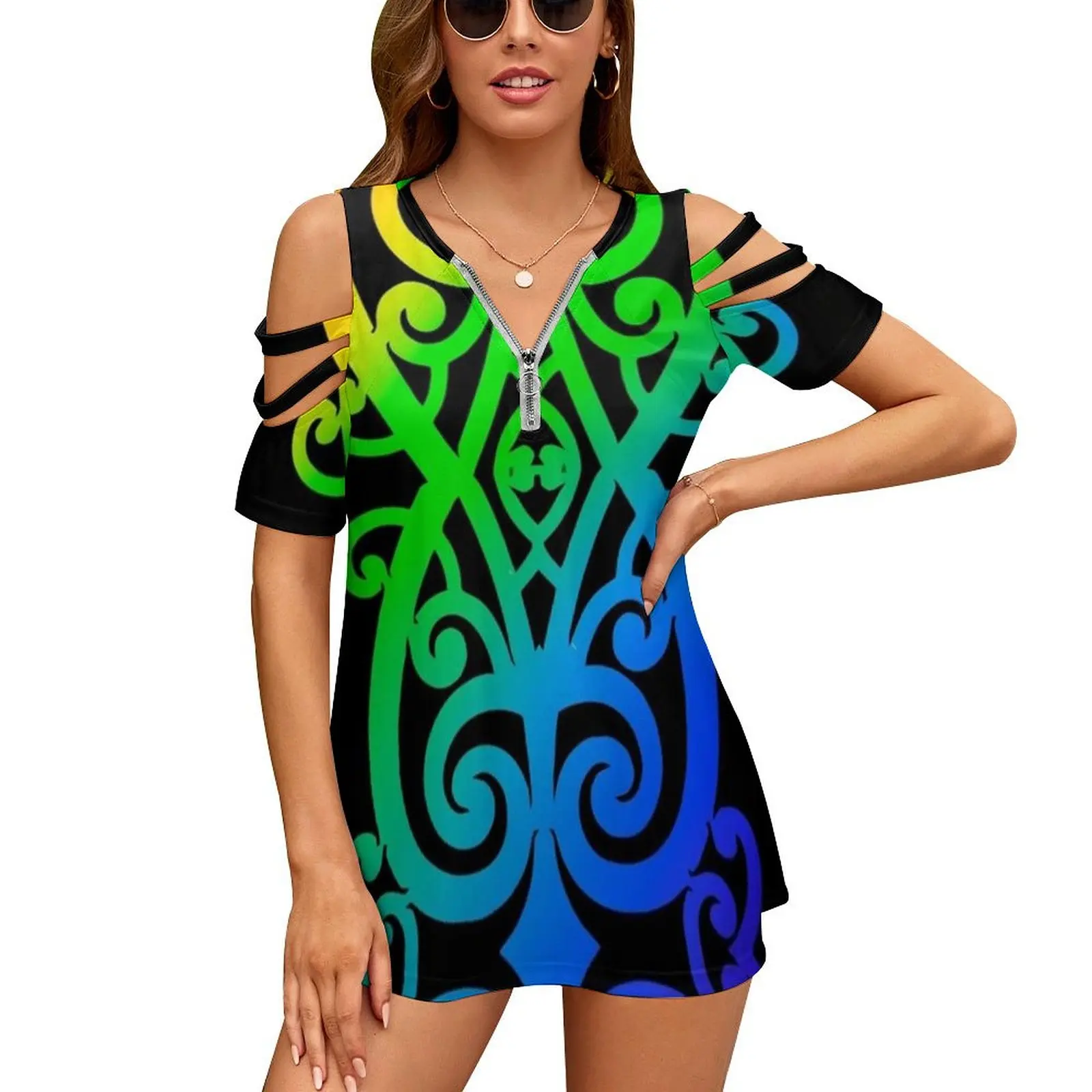 Rainbow Colorful Malta Koru-Denota "New Ears" Women Zipper Sexy Printed Vintage T-Shirt Top Full Print T-Shirt Maor