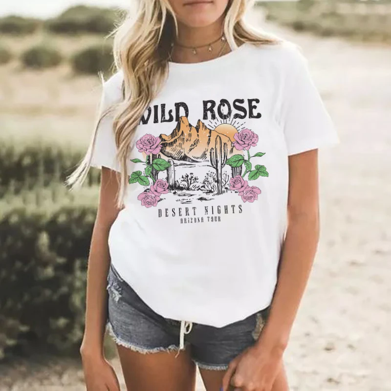 Wild Rose Ladies Summer Desert Cactus Graphic T Shirts Vintage Boho Aesthetic Tops Women Loose Retro Cute Western Tshirt Clothes