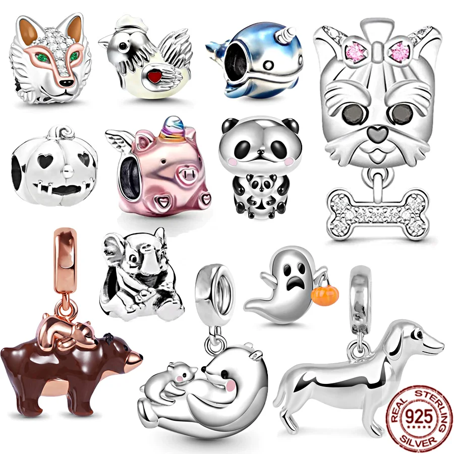 925 Sterling Silver Wolf Pig Panda Chicken Elephant & Silvertip Ciondola Charm Beads Fit Original Pandora Bracciale Bangle Jewelry