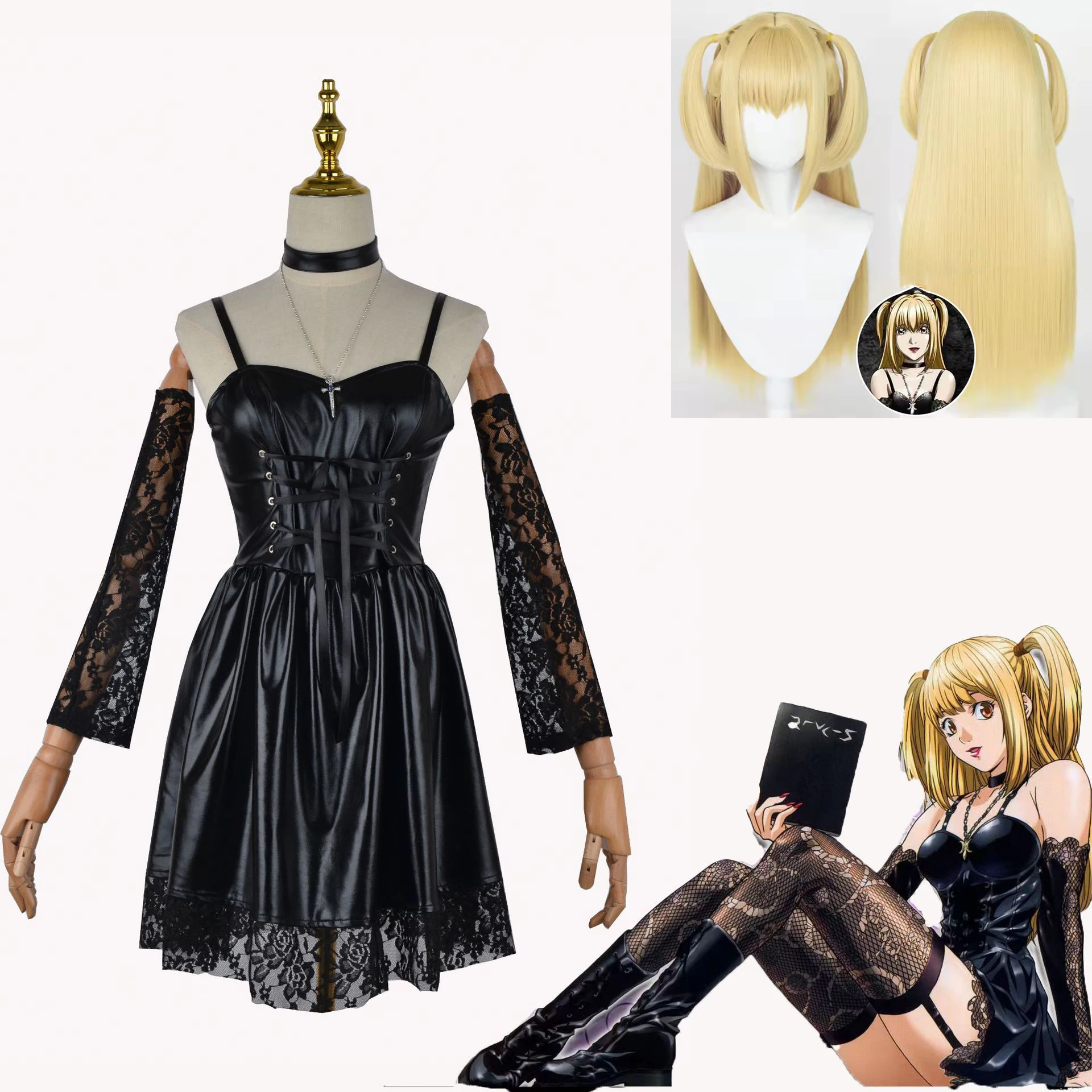 Death Note Cosplay Anime Misa Amane Costume Ecopelle Sexy Black Lolita Dress Parrucca Set Vestiti Di Carnevale Oggetti Di Scena Per Le Vacanze