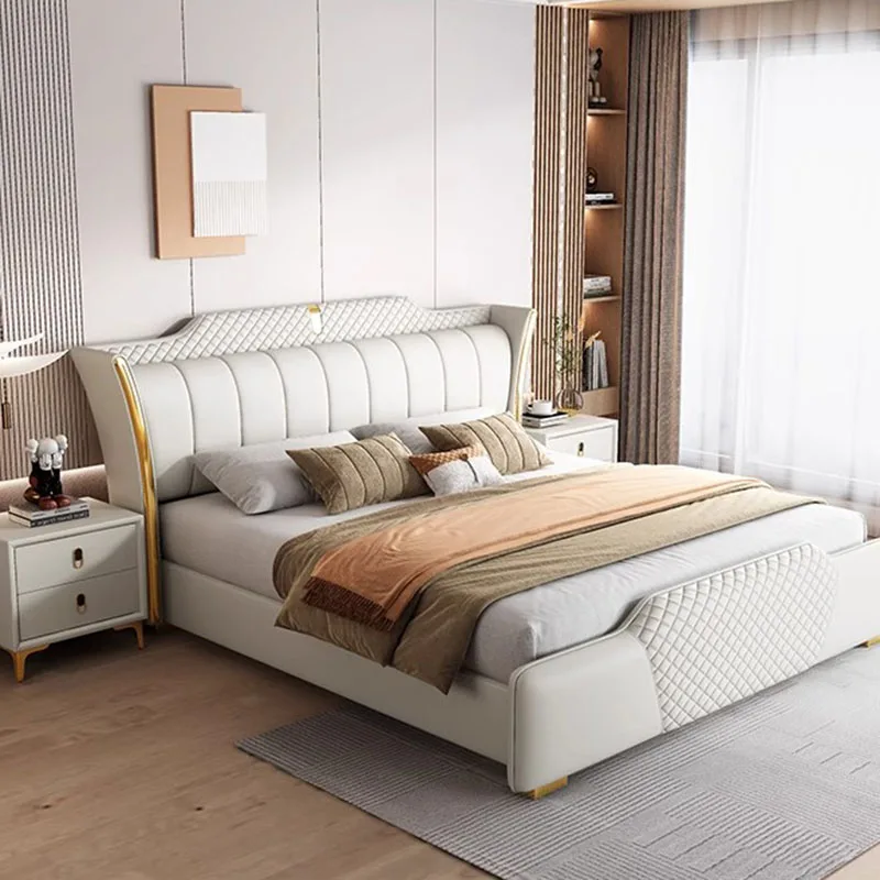 Queen Size Nordic Double Bed Designer Whitr Scaffali Testiera Di Lusso Twin Bed Frame Platform Safe Letto Matrimoniale Furniture