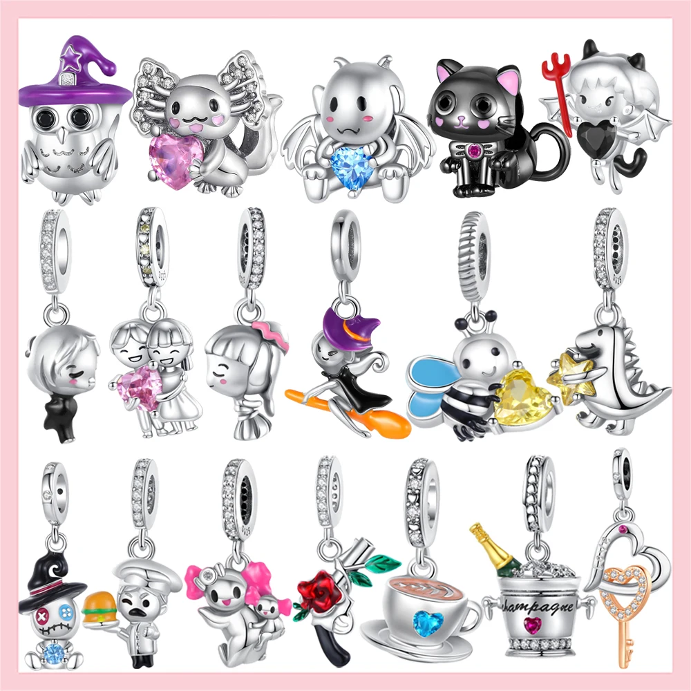 Genuine Owl Cat Coffee Cup Axolotl 925 Sterling Silver Charm Beads Fit Original Pandora Bracciale Creazione Di Gioielli Regalo Fai Da Te