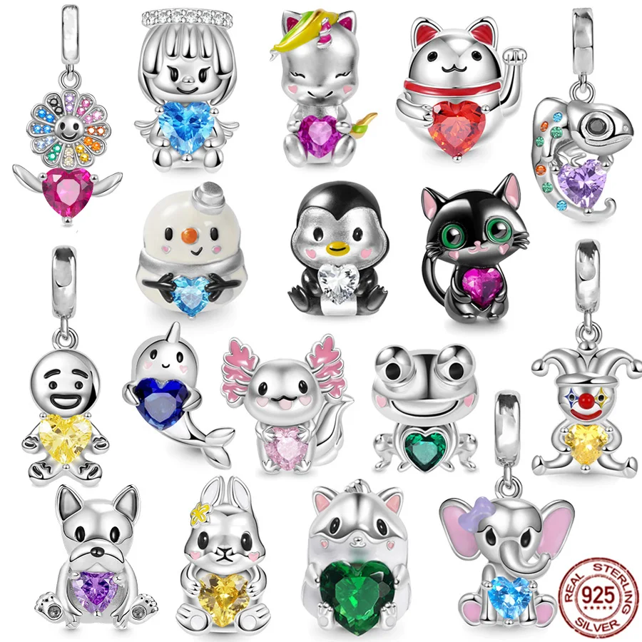 New Black Cat Axolotl Penguin Angel Abbraccia Heart Gem Charm 925 Sterling Silver Bead Fit Originale Pandora Bracciale Gioielli Regalo