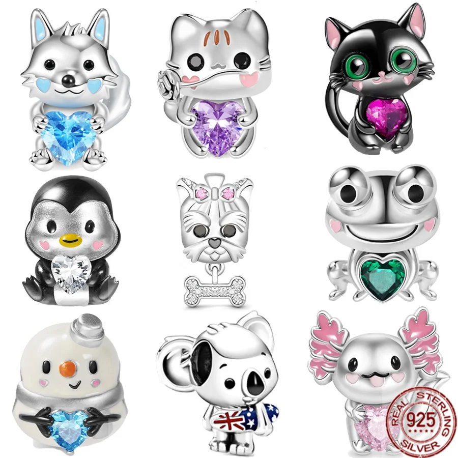 Vendita Calda 925 Sterling Silver Black Dog Cat & Cute Frog Axolotl Penguin Charm Bead Fit Originale Pandora Bracciale Gioielli Fai Da Te Regalo