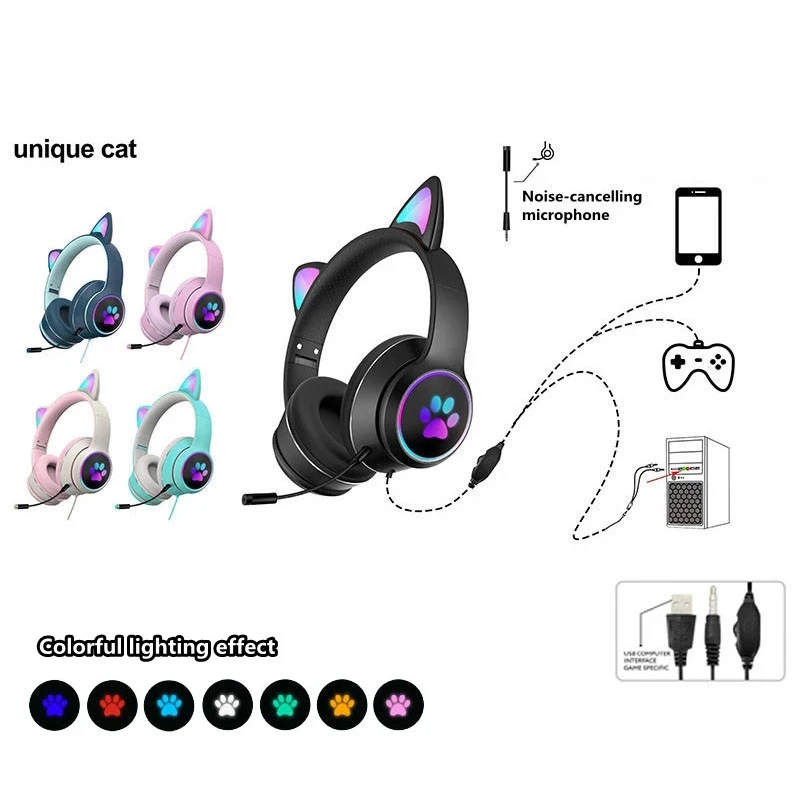 Cat Ear Gamer Headset Girl Cute Headset Cuffie Con Doppia Cancellazione Del Rumore Con Microfono Rgb Light Virtual 7.1 Auriculares Gift