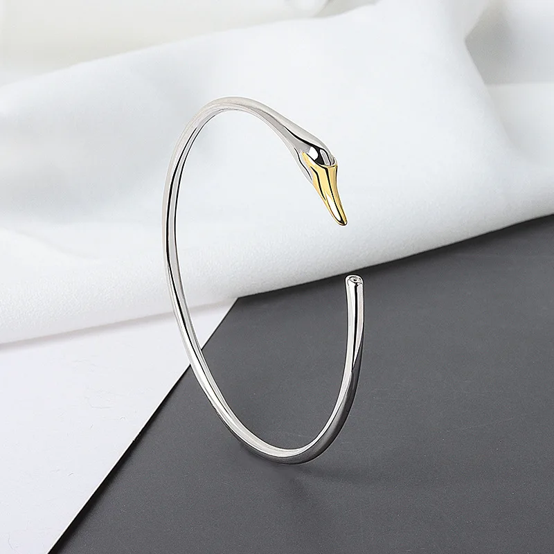 Buyee 925 Sterling Silver Cute Bangle Circle Light Golden Swan Simple Sweet Open Bangle Per Donna Girl Braccialetti Di Gioielli Eccellenti