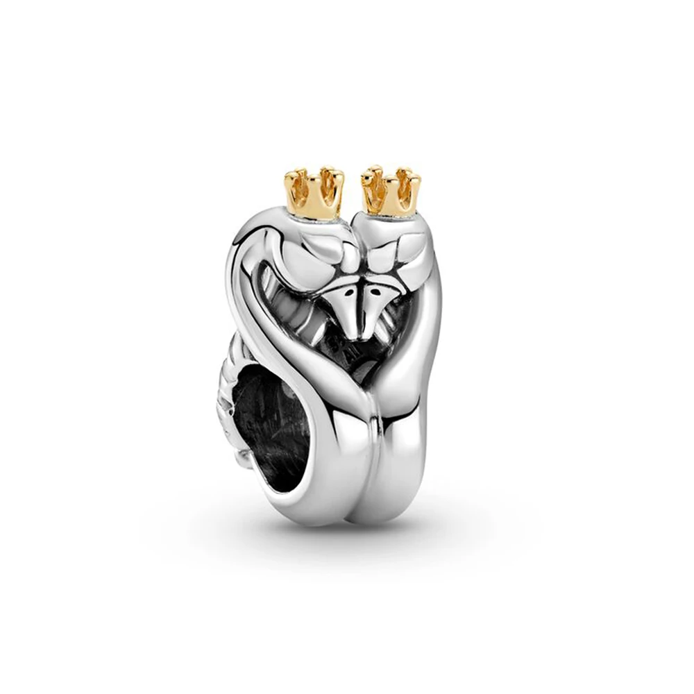 Autentico 925 Sterling Silver Bead Gold Two-Tone Cigni & Heart Charm Fit Pandora Women Bracciale Bangle Gift Gioielli Fai Da Te