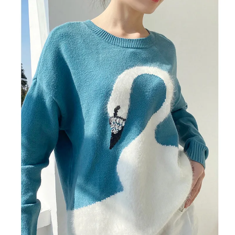 Maglioni Invernali Coreani Da Donna Di Buona Qualità Maglioni Da Cigno Bianchi Maglioni Autunnali Lavorati A Maglia Con Perline Di Diamanti Maglieria 