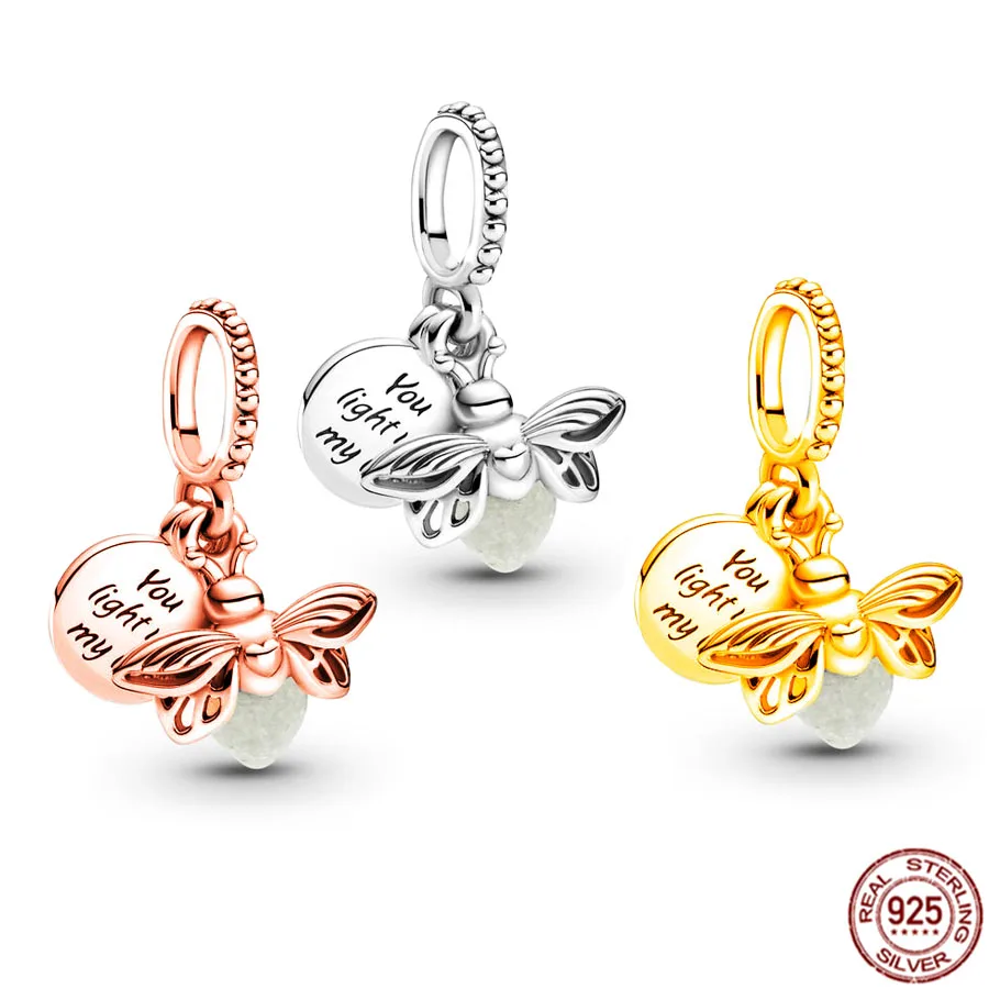 925 Sterling Silver Rose Gold & Gold Plated Glow-In-The-Dark Firefly Ciondola Charm Bead Fit Braccialetto Pandora Originale Gioielli Fai Da Te
